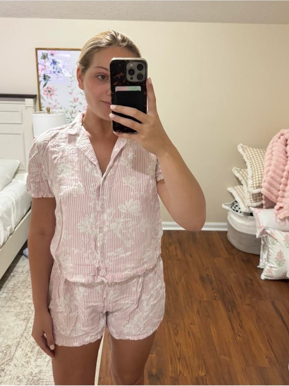 Japna Pink & White Striped Floral Short Pajama Set